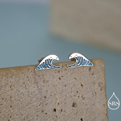 The Great Wave Sterling Silver Enamel Stud Earrings, Ocean Earrings with Hand Applied Enamel, Wave Earrings