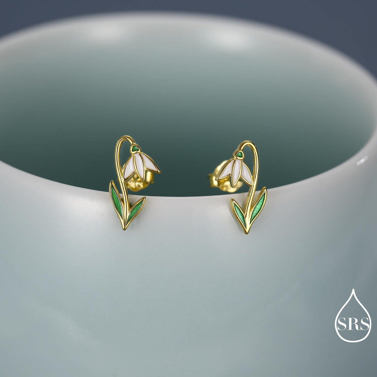 Sterling Silver Delicate Snowdrop Flower Stud Earrings with Enamel, Dainty Spring Blossom Earrings with Hand Applied Enamel
