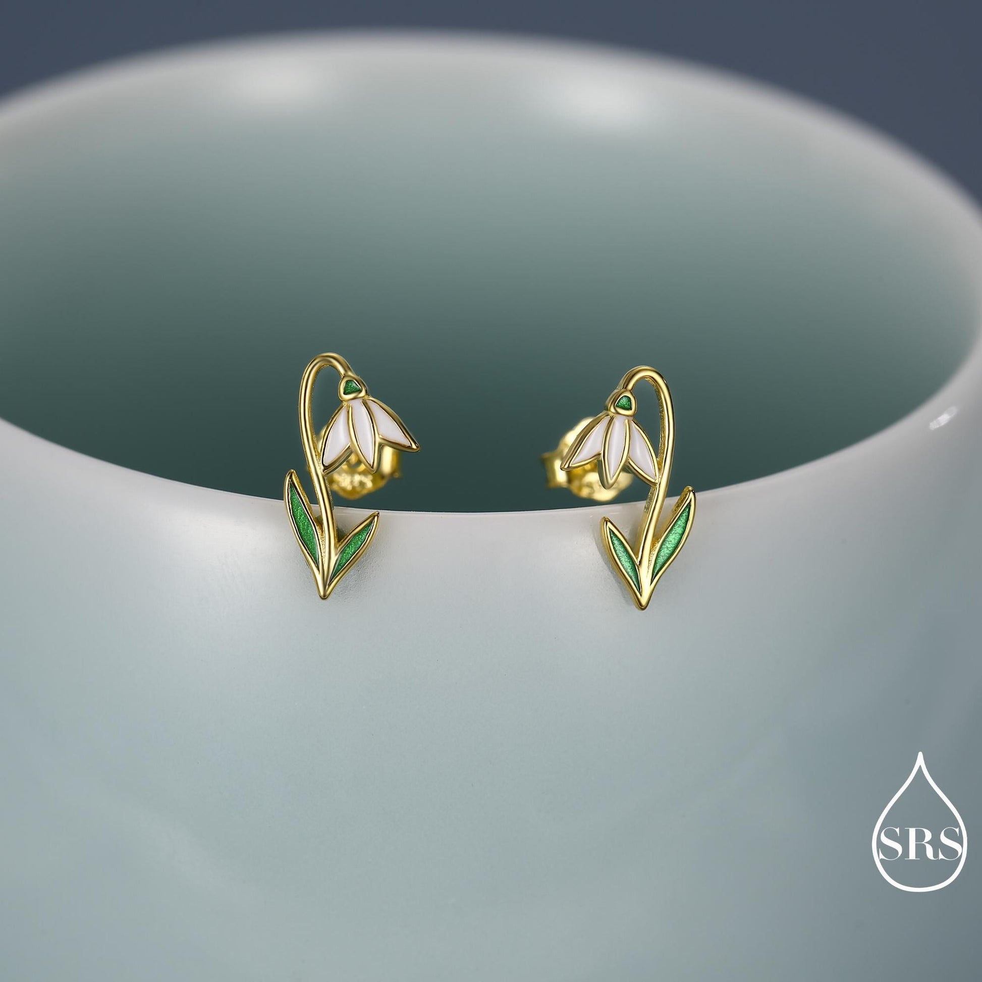 Sterling Silver Delicate Snowdrop Flower Stud Earrings with Enamel, Dainty Spring Blossom Earrings with Hand Applied Enamel