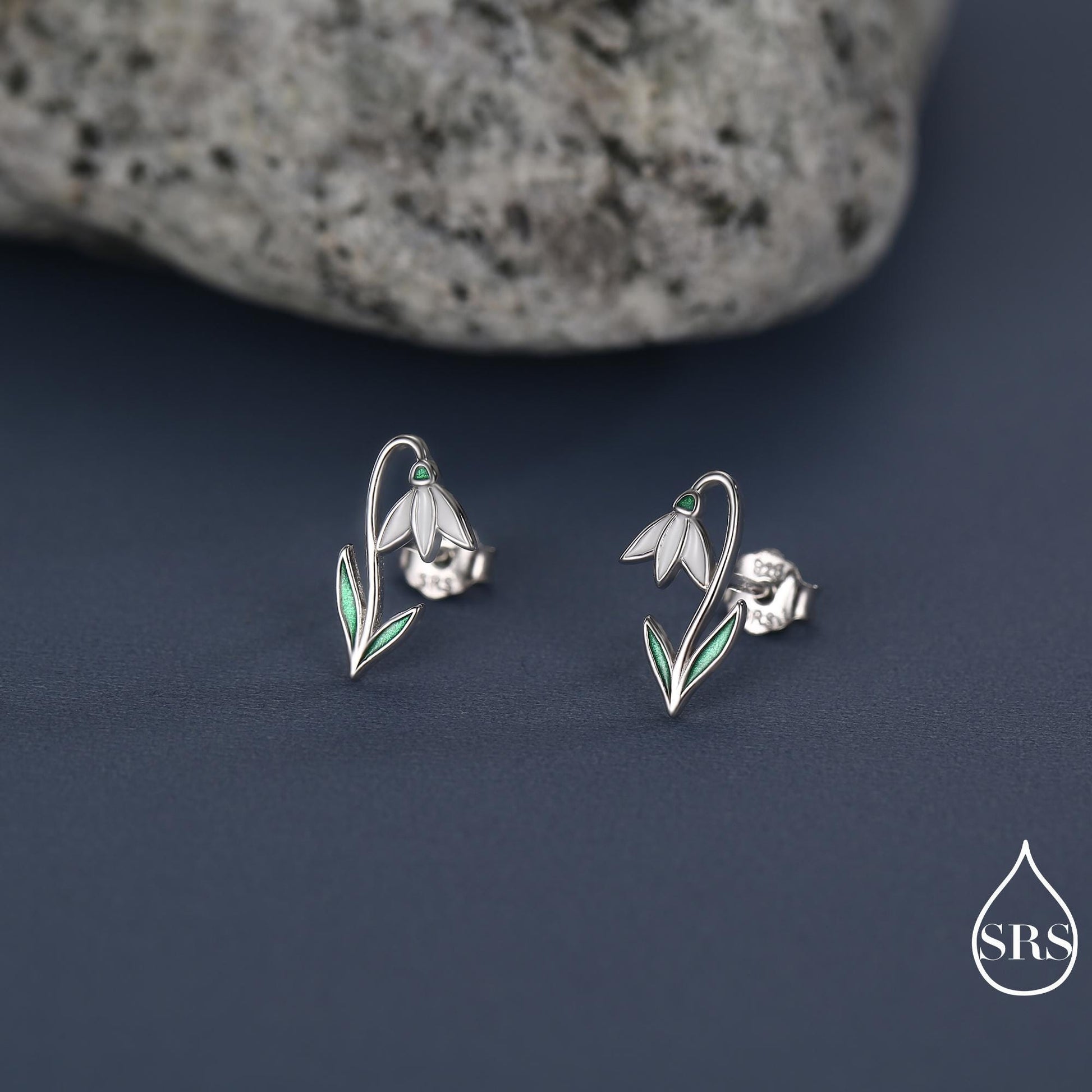 Sterling Silver Delicate Snowdrop Flower Stud Earrings with Enamel, Dainty Spring Blossom Earrings with Hand Applied Enamel