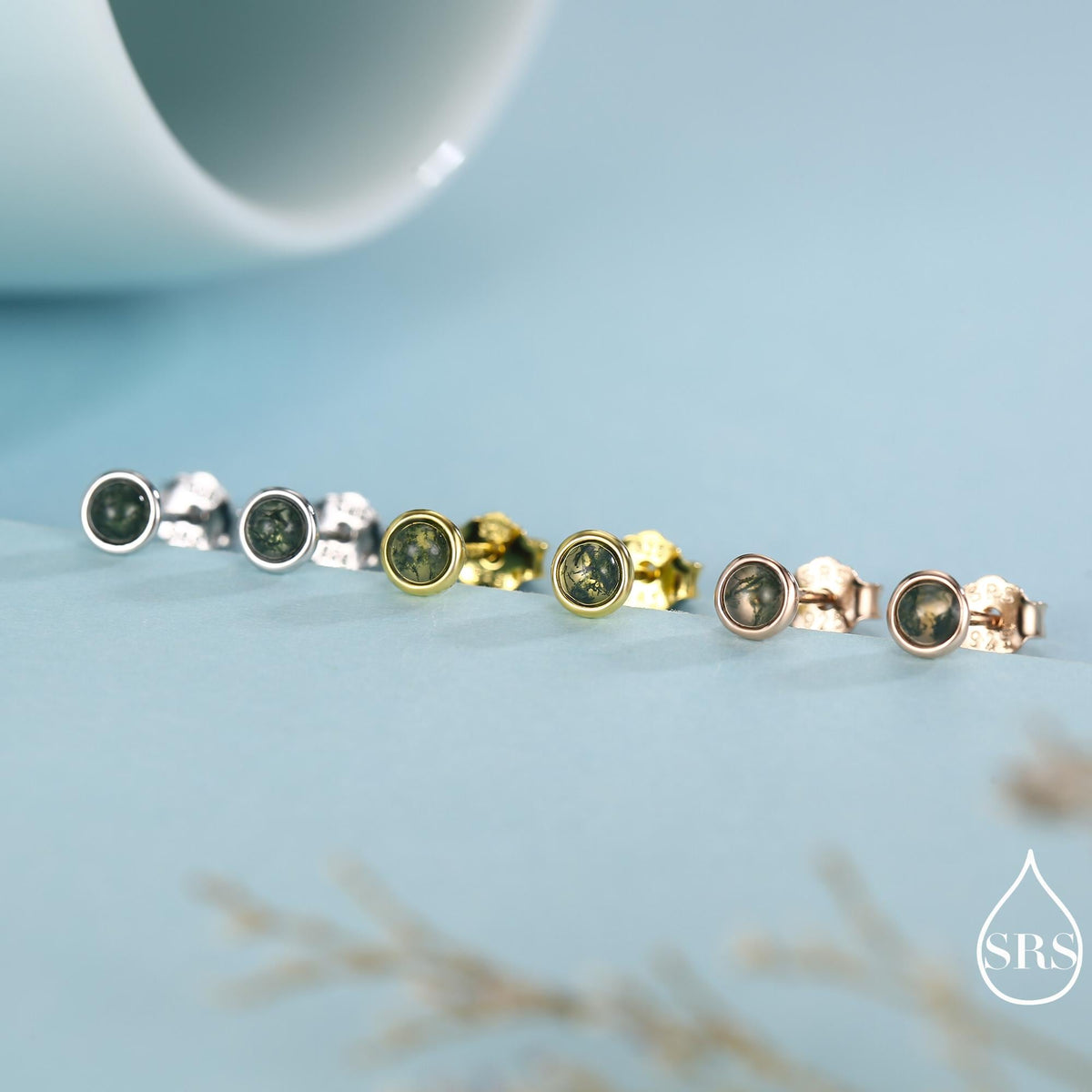 Sterling Silver Natural Dark Moss Agate Stud Earrings, 3mm 4mm 5mm and 6mm, Genuine Moss Agate Gemstone Stud, Minimalist Style