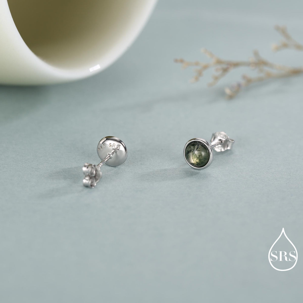 Sterling Silver Natural Dark Moss Agate Stud Earrings, 3mm 4mm 5mm and 6mm, Genuine Moss Agate Gemstone Stud, Minimalist Style