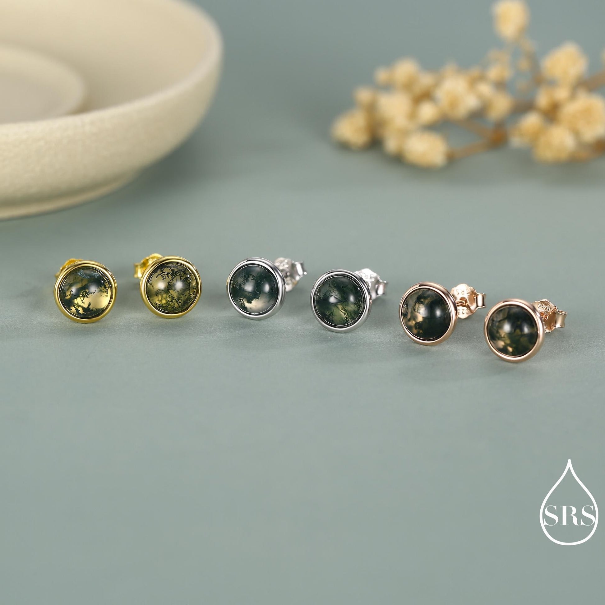 Sterling Silver Natural Dark Moss Agate Stud Earrings, 3mm 4mm 5mm and 6mm, Genuine Moss Agate Gemstone Stud, Minimalist Style