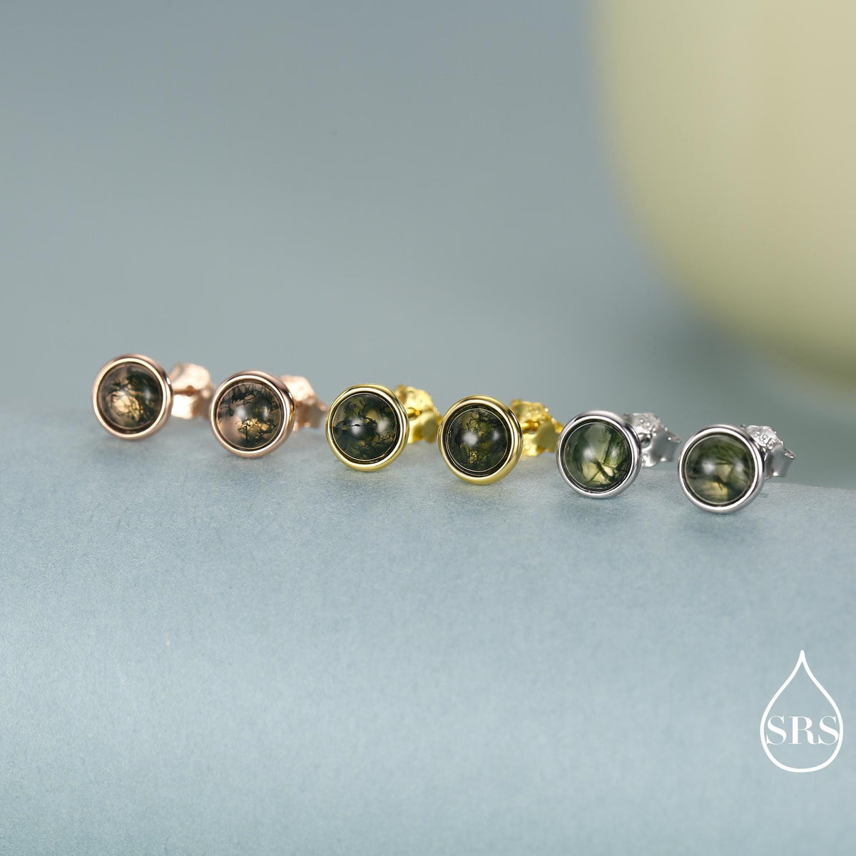 Sterling Silver Natural Dark Moss Agate Stud Earrings, 3mm 4mm 5mm and 6mm, Genuine Moss Agate Gemstone Stud, Minimalist Style