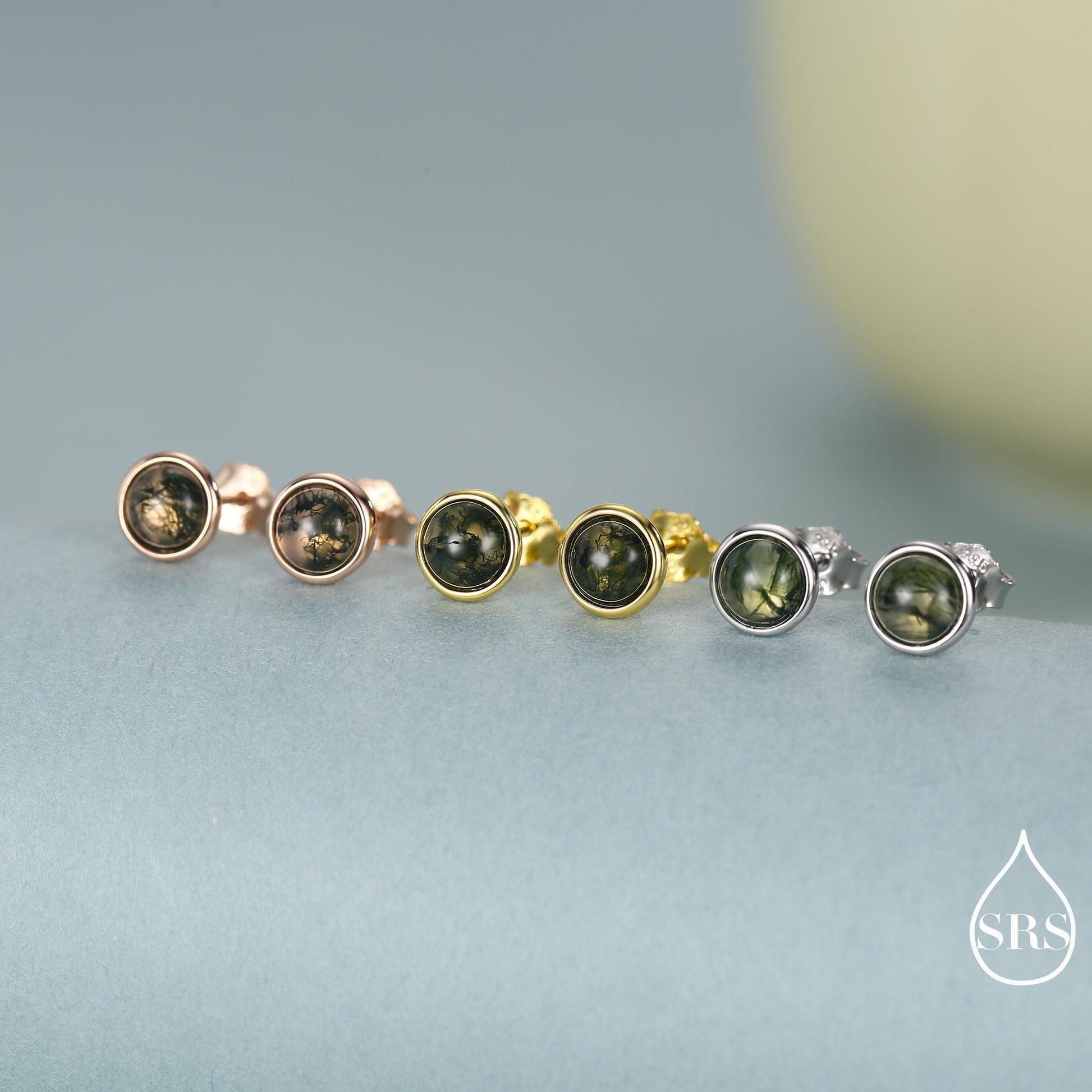 Sterling Silver Natural Dark Moss Agate Stud Earrings, 3mm 4mm 5mm and 6mm, Genuine Moss Agate Gemstone Stud, Minimalist Style