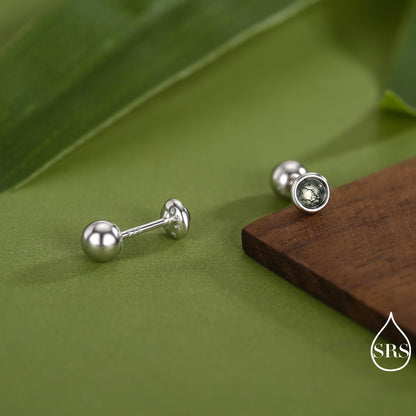 Natural Moss Agate Screw Back Earrings in Sterling Silver, 3mm, 4mm, 5mm and 6mm, Genuine Moss Agate Gemstone Stud