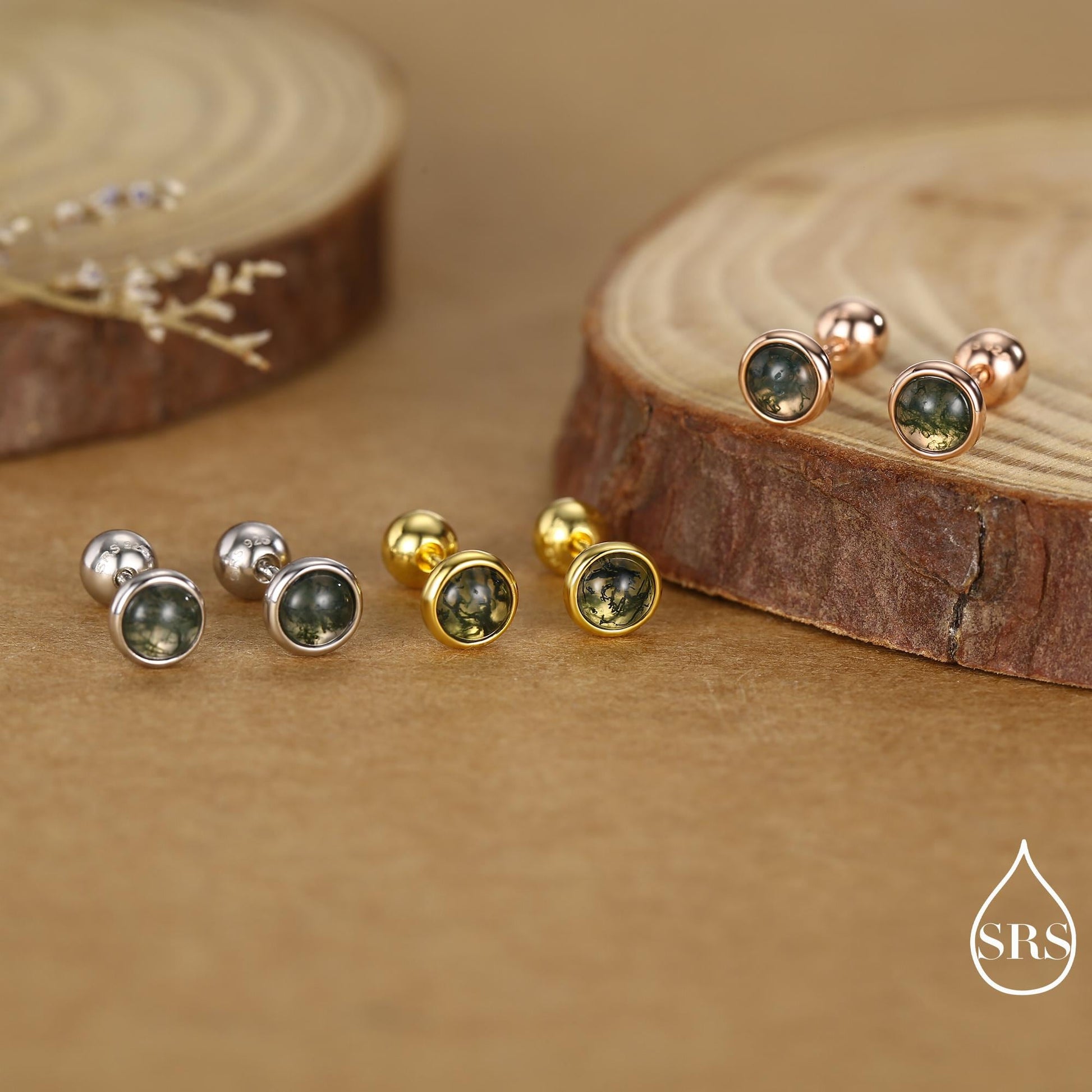 Natural Moss Agate Screw Back Earrings in Sterling Silver, 3mm, 4mm, 5mm and 6mm, Genuine Moss Agate Gemstone Stud