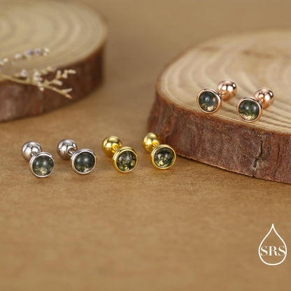 Natural Moss Agate Screw Back Earrings in Sterling Silver, 3mm, 4mm, 5mm and 6mm, Genuine Moss Agate Gemstone Stud