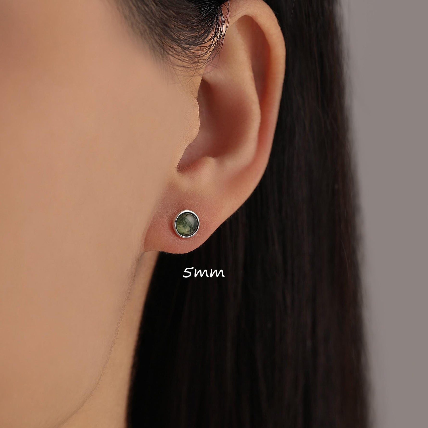 Natural Moss Agate 16G Flat Back Earrings in Sterling Silver, 3mm, 4mm, 5mm and 6mm, Genuine Moss Agate Gemstone Stud