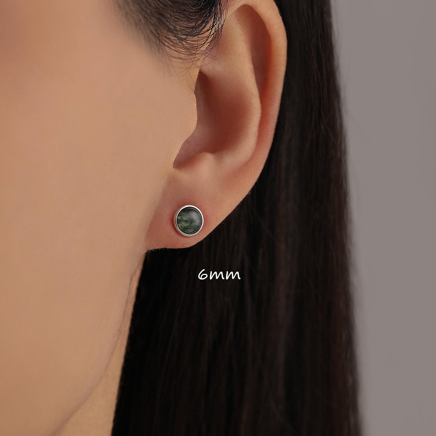 Natural Moss Agate 16G 8mm Flat Back Earrings in Sterling Silver, 3mm, 4mm, 5mm and 6mm, Genuine Moss Agate Gemstone Stud