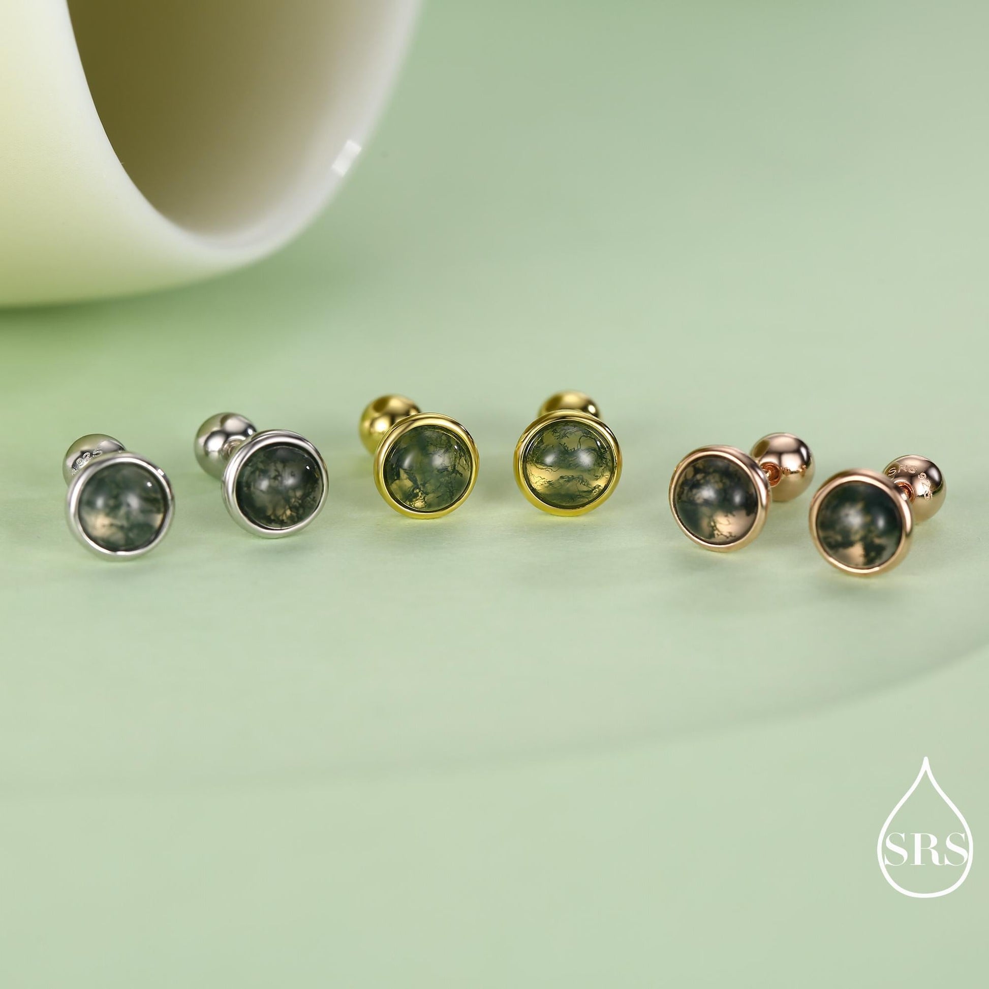 Natural Moss Agate Screw Back Earrings in Sterling Silver, 3mm, 4mm, 5mm and 6mm, Genuine Moss Agate Gemstone Stud