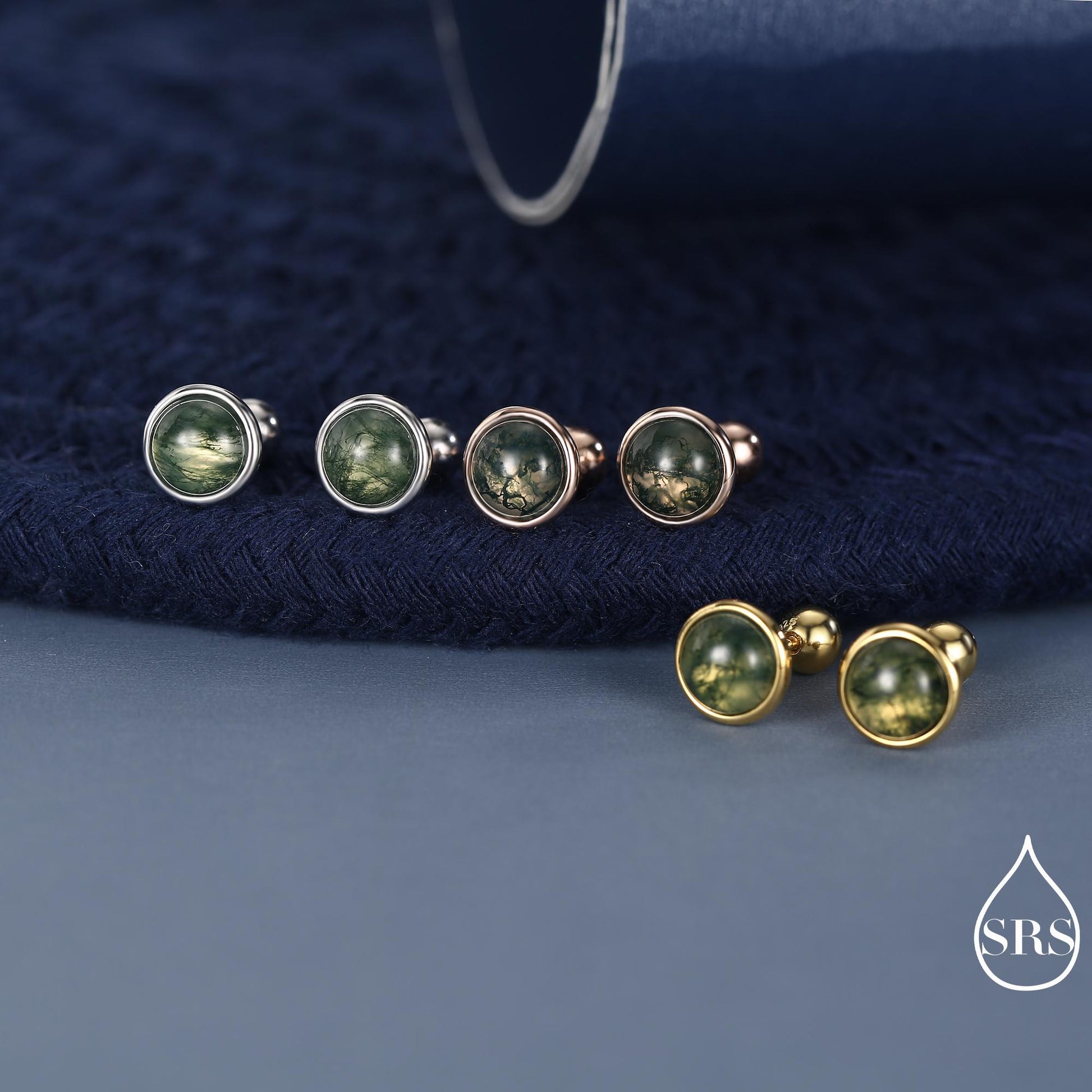 Natural Moss Agate Screw Back Earrings in Sterling Silver, 3mm, 4mm, 5mm and 6mm, Genuine Moss Agate Gemstone Stud
