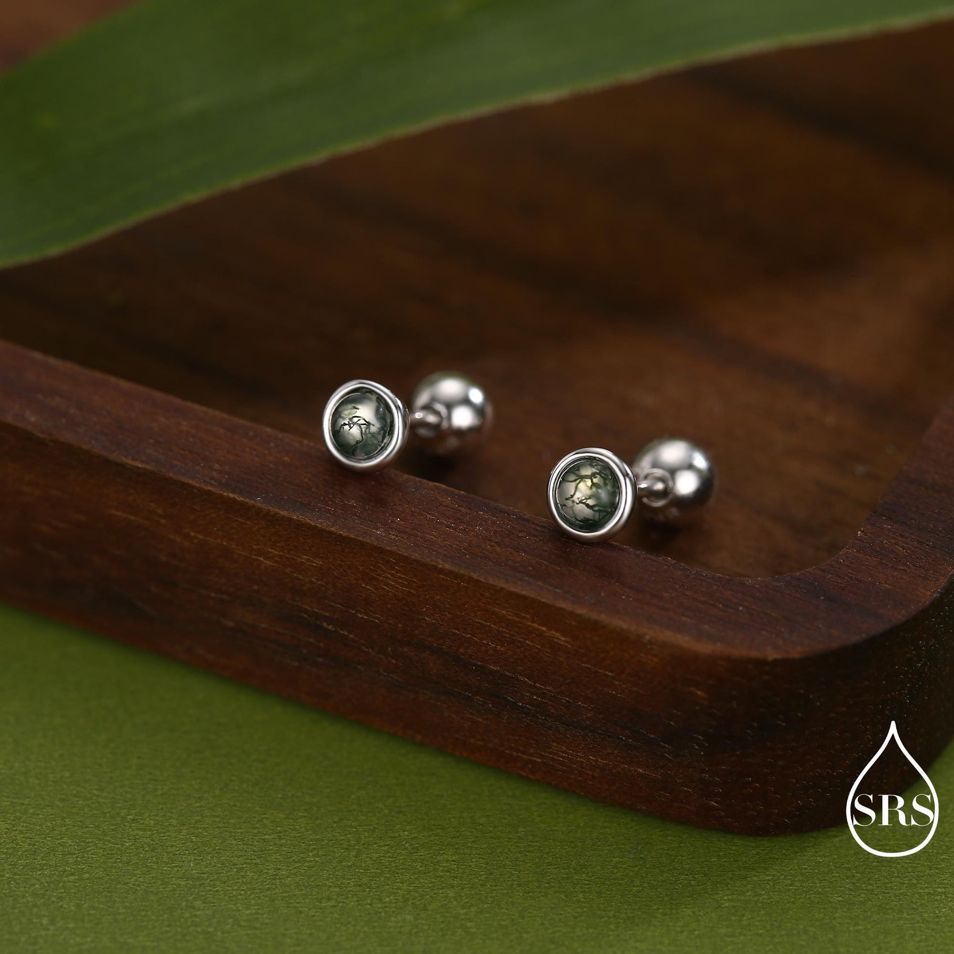 Natural Moss Agate Screw Back Earrings in Sterling Silver, 3mm, 4mm, 5mm and 6mm, Genuine Moss Agate Gemstone Stud
