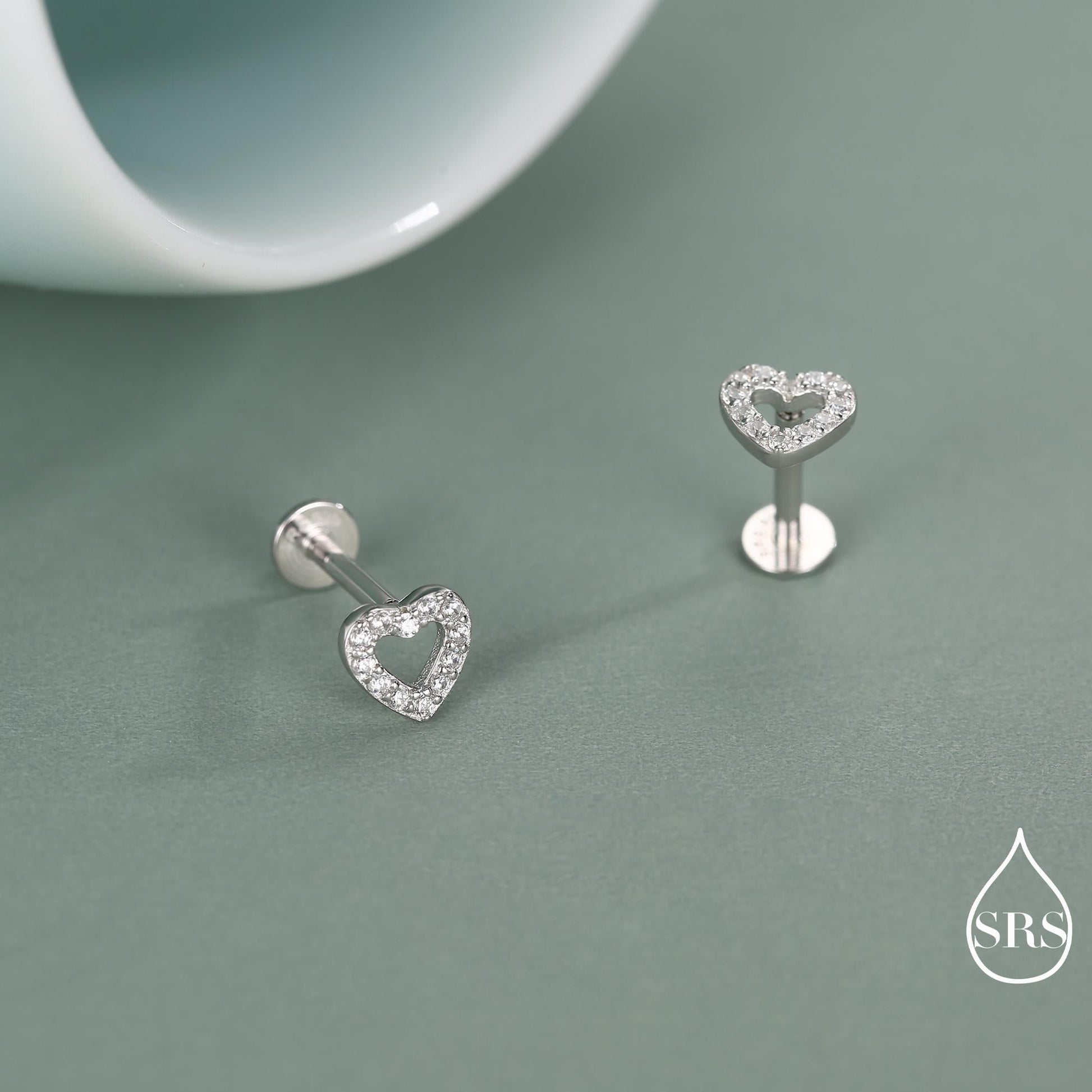 Tiny Open Heart Internally Threaded Flat Back / Stud Earrings in Sterling Silver, Silver or Gold or Rose Gold, CZ Heart Stud