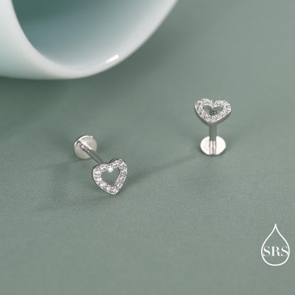 Tiny Open Heart Internally Threaded Flat Back / Stud Earrings in Sterling Silver, Silver or Gold or Rose Gold, CZ Heart Stud