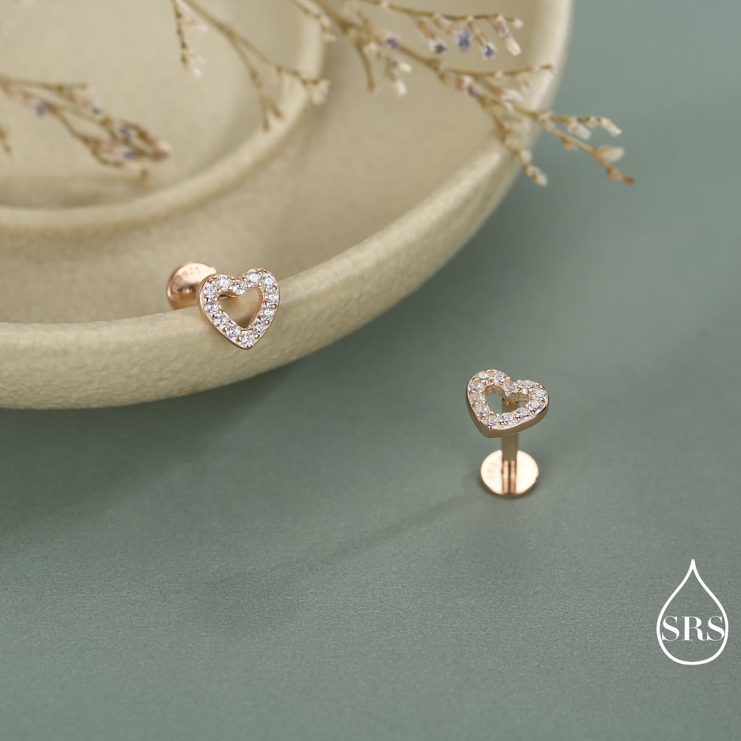 Tiny Open Heart Internally Threaded Flat Back / Stud Earrings in Sterling Silver, Silver or Gold or Rose Gold, CZ Heart Stud