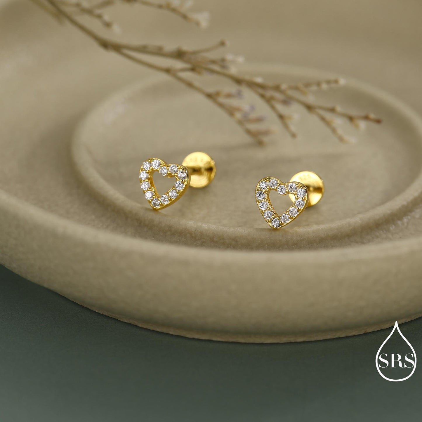 Tiny Open Heart Internally Threaded Flat Back / Stud Earrings in Sterling Silver, Silver or Gold or Rose Gold, CZ Heart Stud