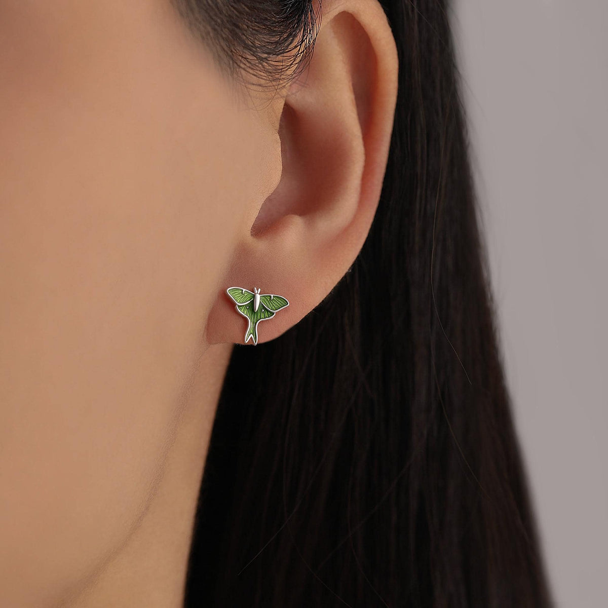 Lunar Moth Enamel Flat Back / Screw Back/ Stud Earrings in Sterling Silver, Green Enamel Butterfly Earrings, Nature-Inspired Animal Earring