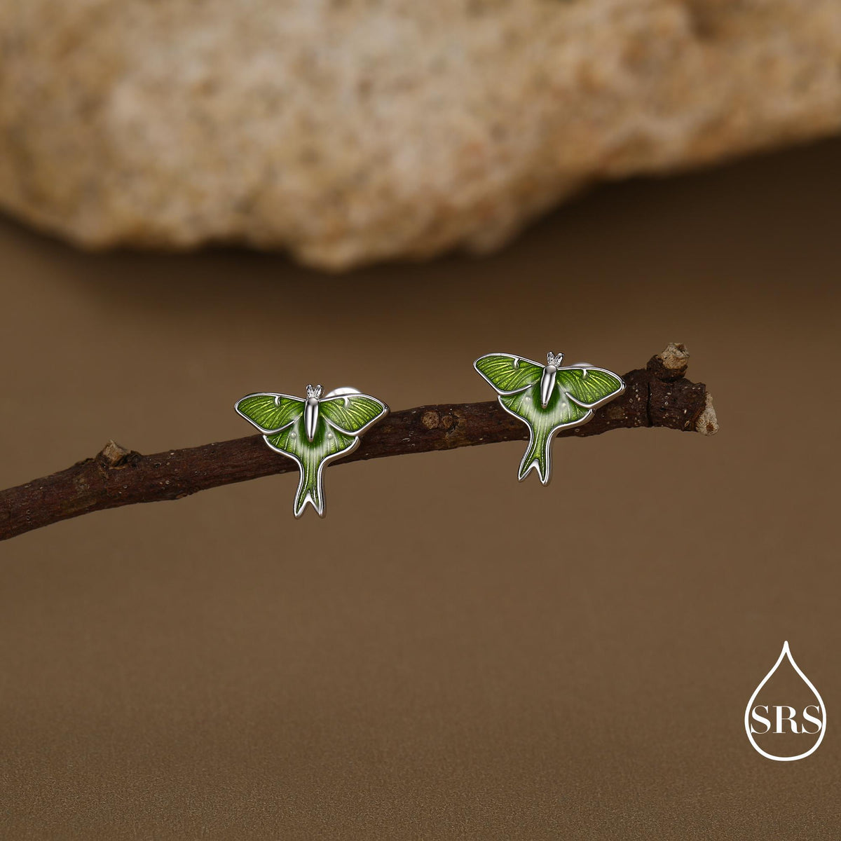 Lunar Moth Enamel Flat Back / Screw Back/ Stud Earrings in Sterling Silver, Green Enamel Butterfly Earrings, Nature-Inspired Animal Earring
