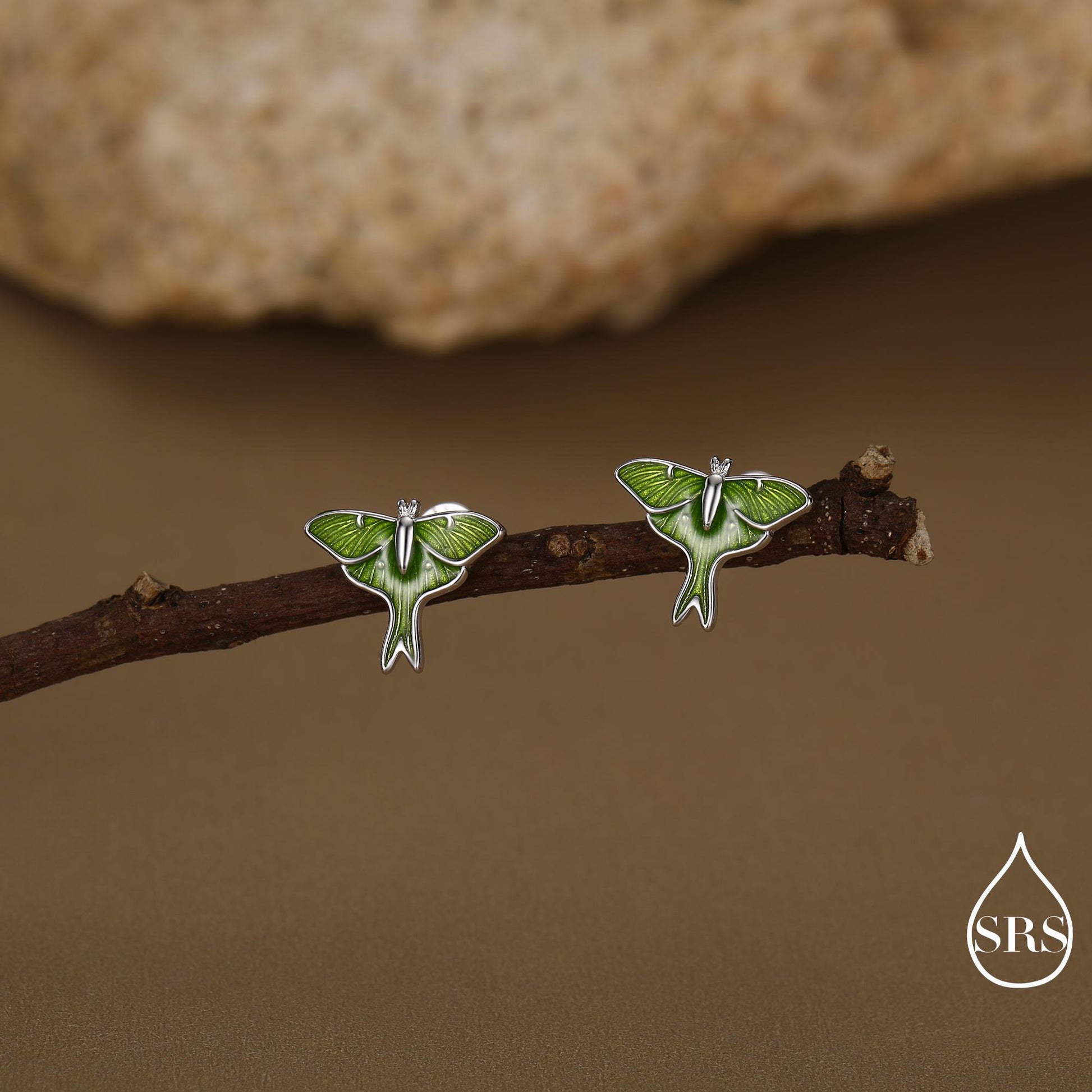 Lunar Moth Enamel Flat Back / Screw Back/ Stud Earrings in Sterling Silver, Green Enamel Butterfly Earrings, Nature-Inspired Animal Earring
