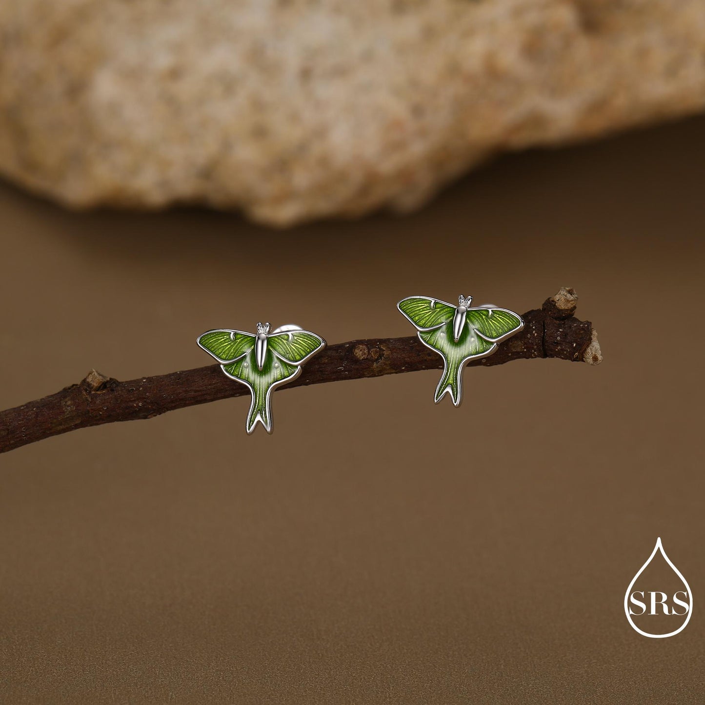 Lunar Moth Enamel Screw Back / Flat Back / Stud Earrings in Sterling Silver, Green Enamel Butterfly Earrings, Nature-Inspired Animal Earring