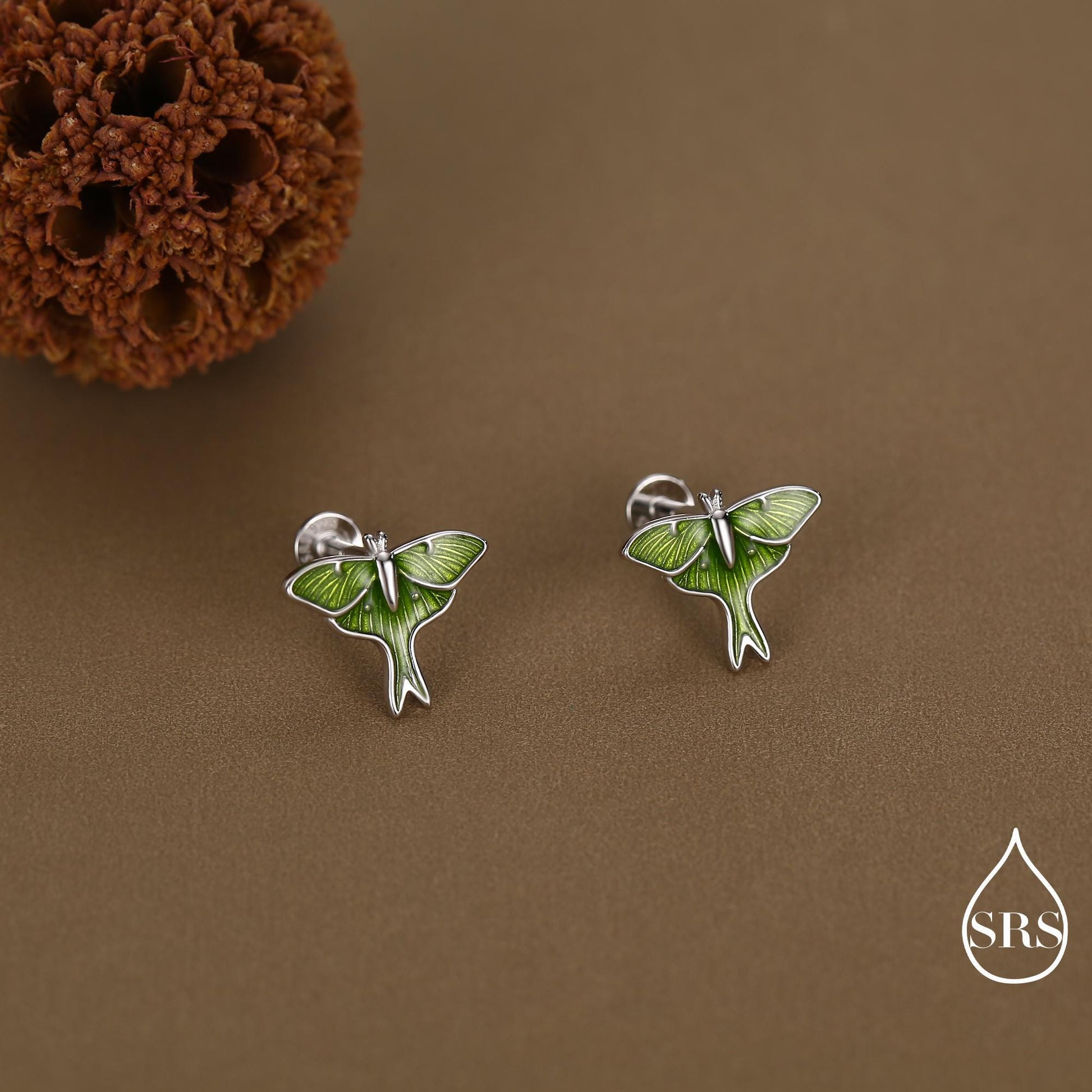 Lunar Moth Enamel Screw Back / Flat Back / Stud Earrings in Sterling Silver, Green Enamel Butterfly Earrings, Nature-Inspired Animal Earring