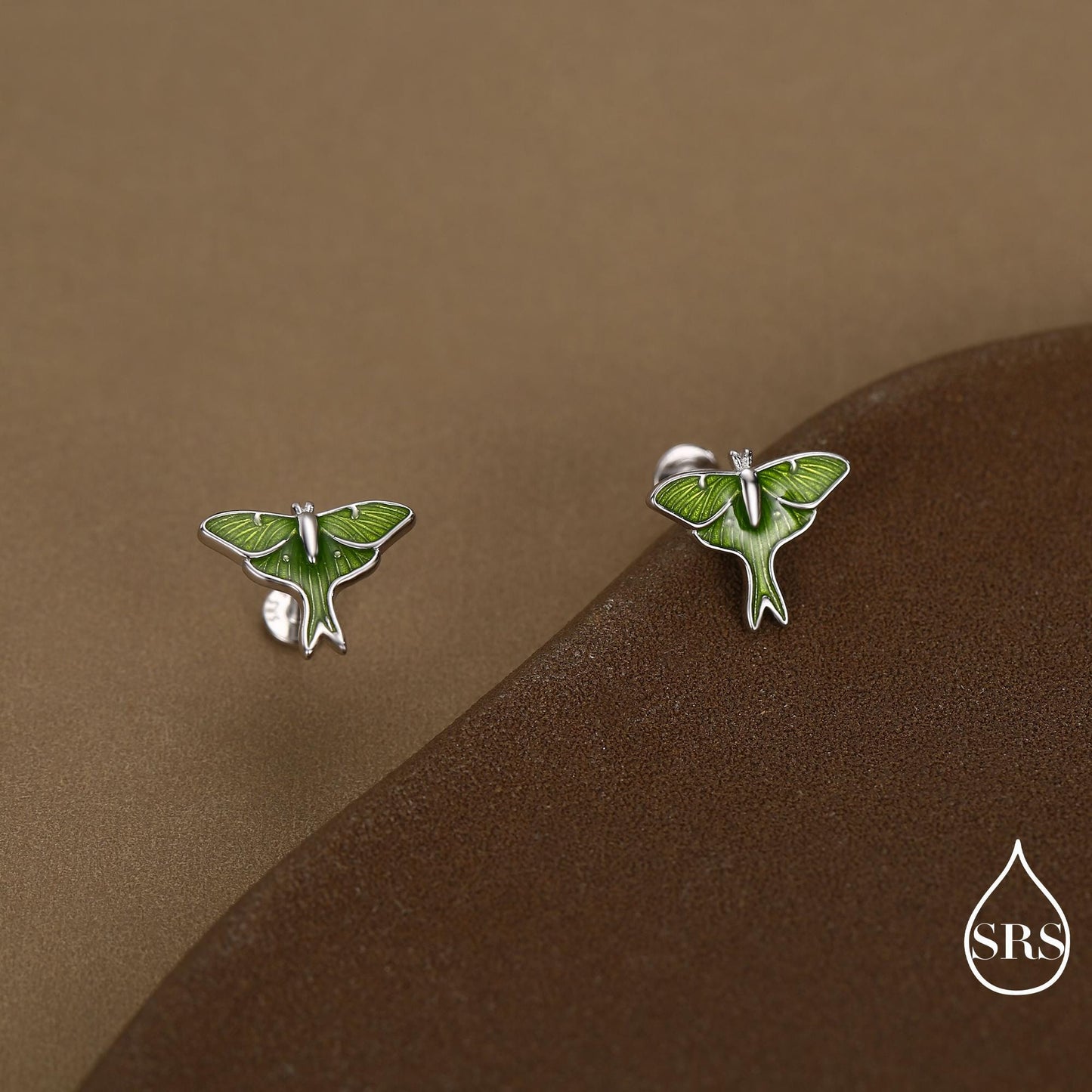Lunar Moth Enamel Flat Back / Screw Back/ Stud Earrings in Sterling Silver, Green Enamel Butterfly Earrings, Nature-Inspired Animal Earring