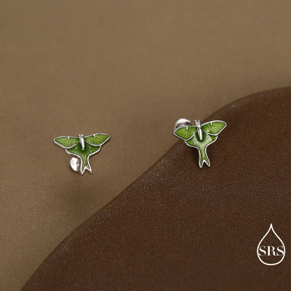 Lunar Moth Enamel Flat Back / Screw Back/ Stud Earrings in Sterling Silver, Green Enamel Butterfly Earrings, Nature-Inspired Animal Earring