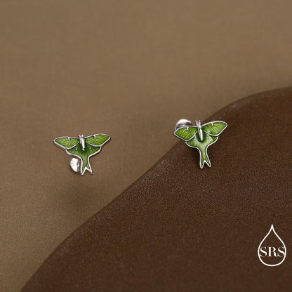 Lunar Moth Enamel Screw Back / Flat Back / Stud Earrings in Sterling Silver, Green Enamel Butterfly Earrings, Nature-Inspired Animal Earring