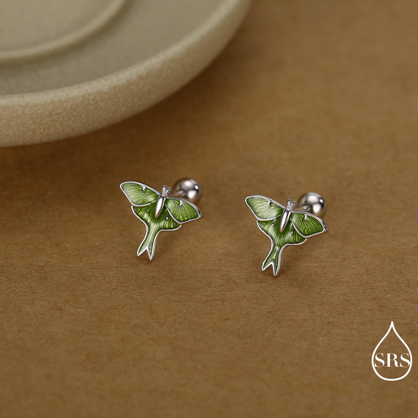 Lunar Moth Enamel Flat Back / Screw Back/ Stud Earrings in Sterling Silver, Green Enamel Butterfly Earrings, Nature-Inspired Animal Earring