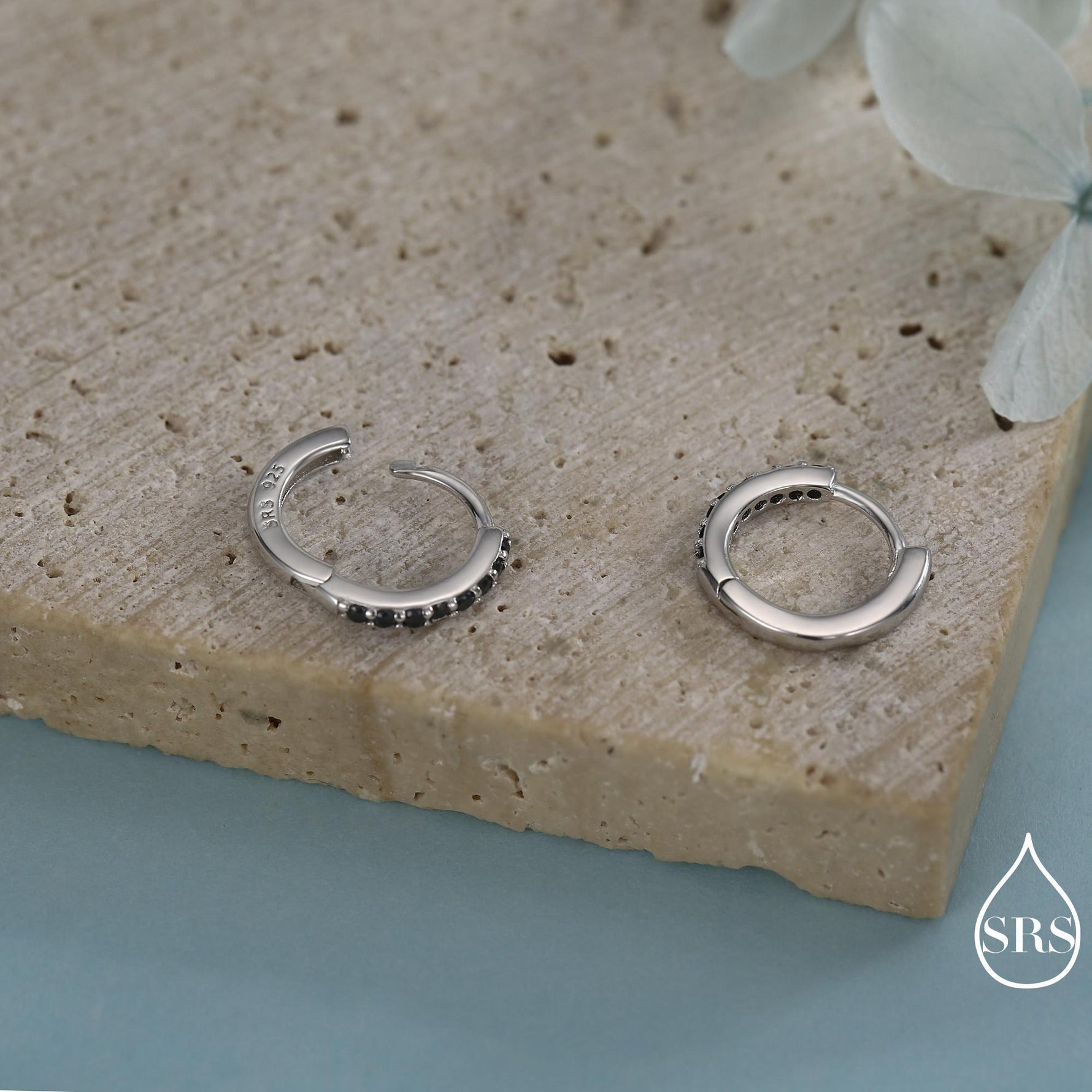 Pair of Minimalist Huggie Hoop Earrings in Sterling Silver with Sparkling CZ Crystals, Simple Hoop Earrings