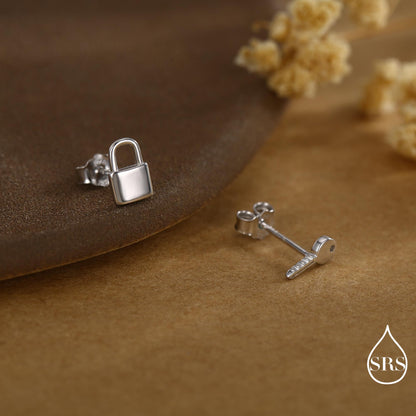 Tiny Key and Lock Mismatched Stud Earrings in Sterling Silver, Silver or Gold, Stacking Earrings