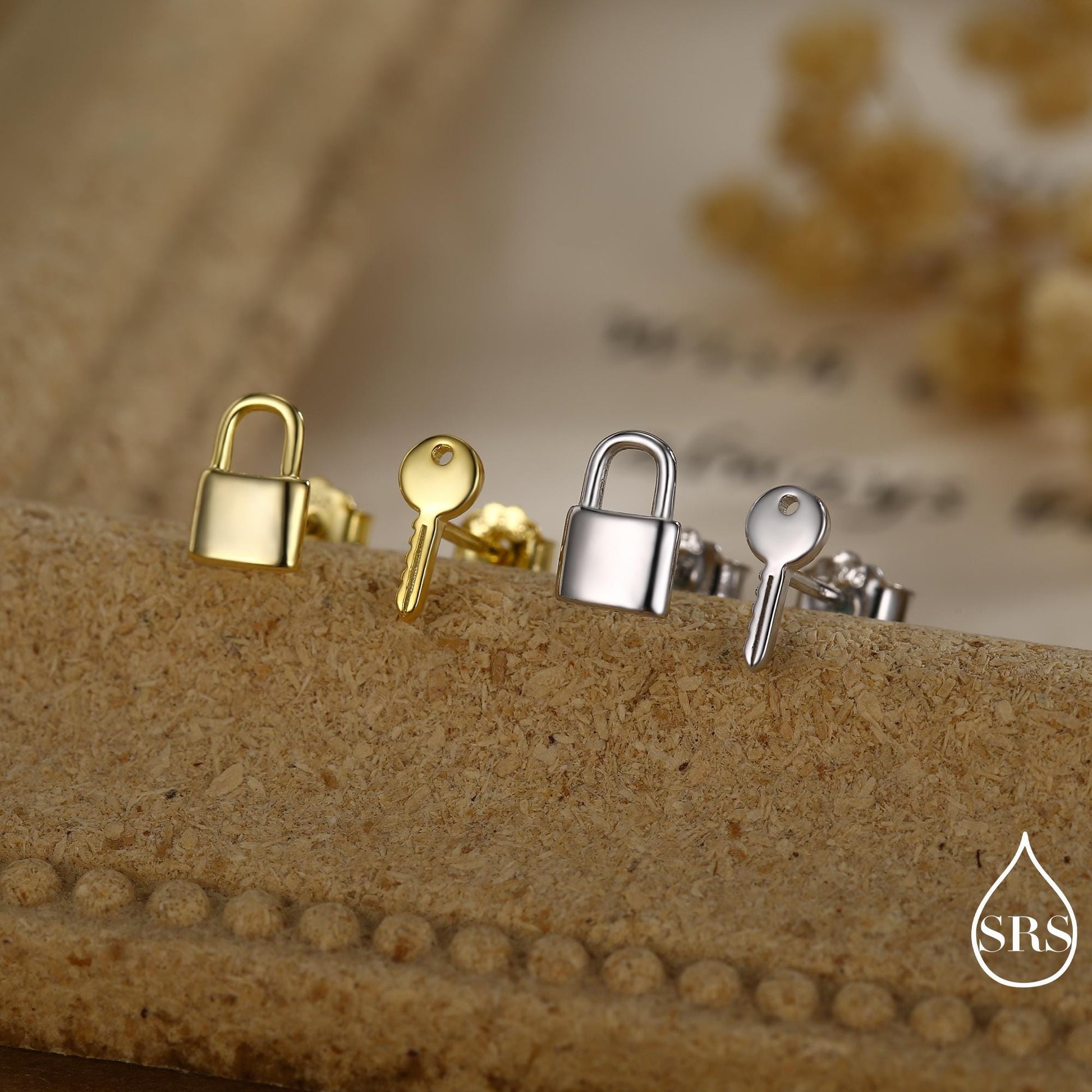 Tiny Key and Lock Mismatched Stud Earrings in Sterling Silver, Silver or Gold, Stacking Earrings
