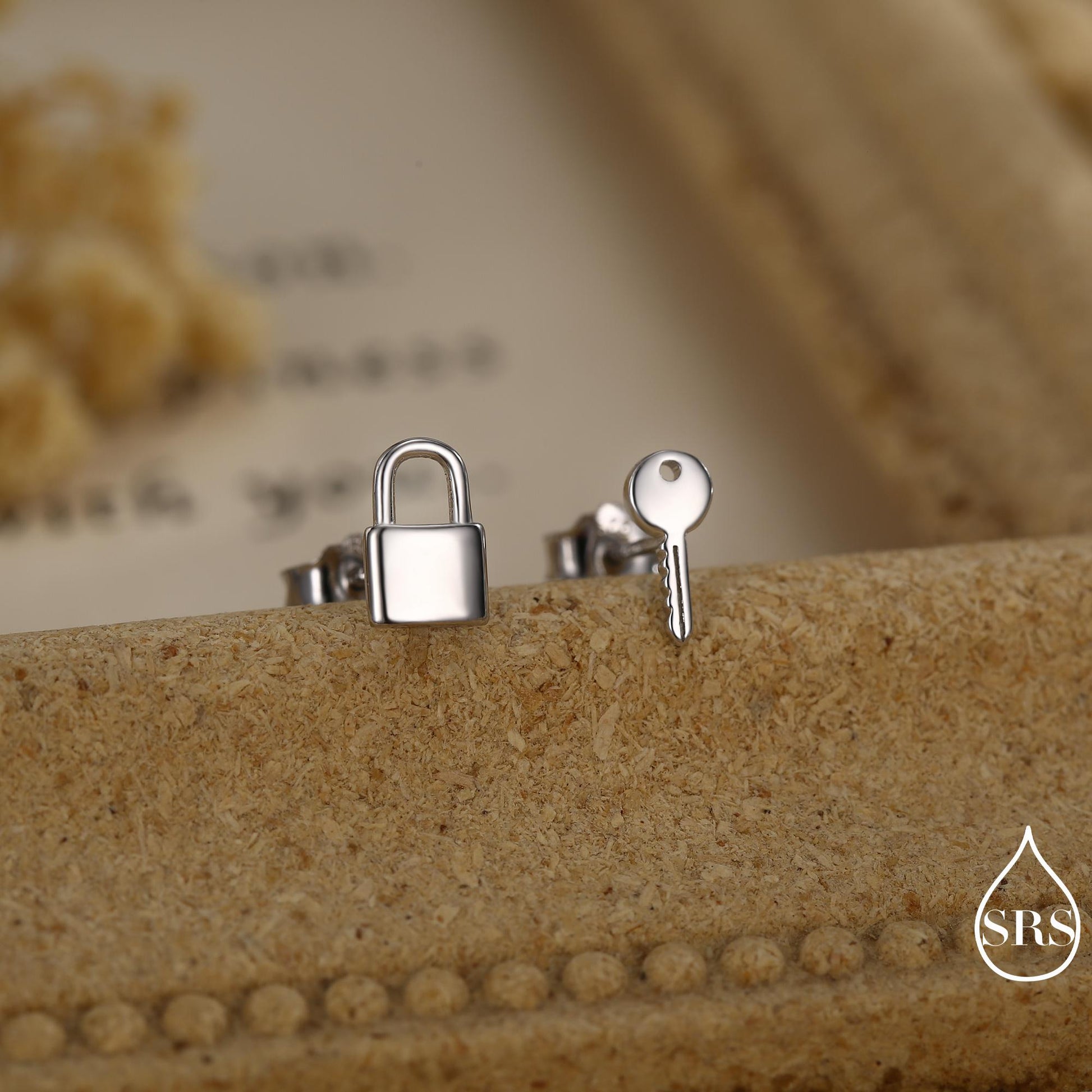 Tiny Key and Lock Mismatched Stud Earrings in Sterling Silver, Silver or Gold, Stacking Earrings