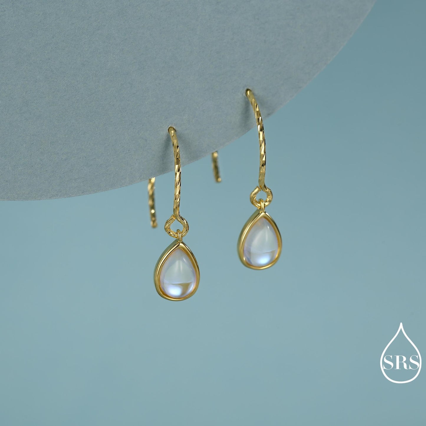 Mermaid Crystal Drop Hook Earrings in Sterling Silver, Droplet Pear Cut Aurora Glass Crystal, Simulated Moonstone Dangle Earrings