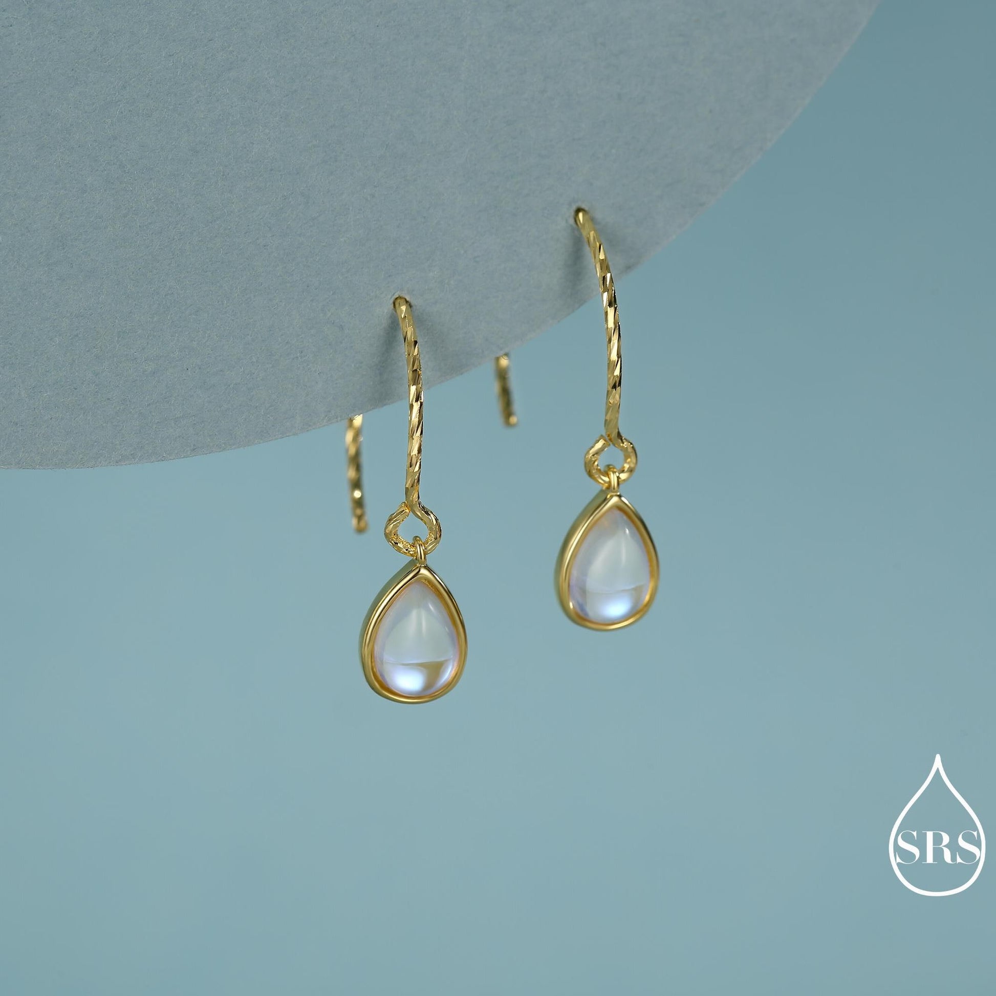 Mermaid Crystal Drop Hook Earrings in Sterling Silver, Droplet Pear Cut Aurora Glass Crystal, Simulated Moonstone Dangle Earrings