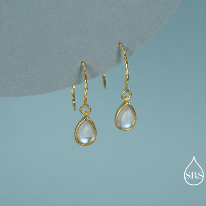 Mermaid Crystal Drop Hook Earrings in Sterling Silver, Droplet Pear Cut Aurora Glass Crystal, Simulated Moonstone Dangle Earrings