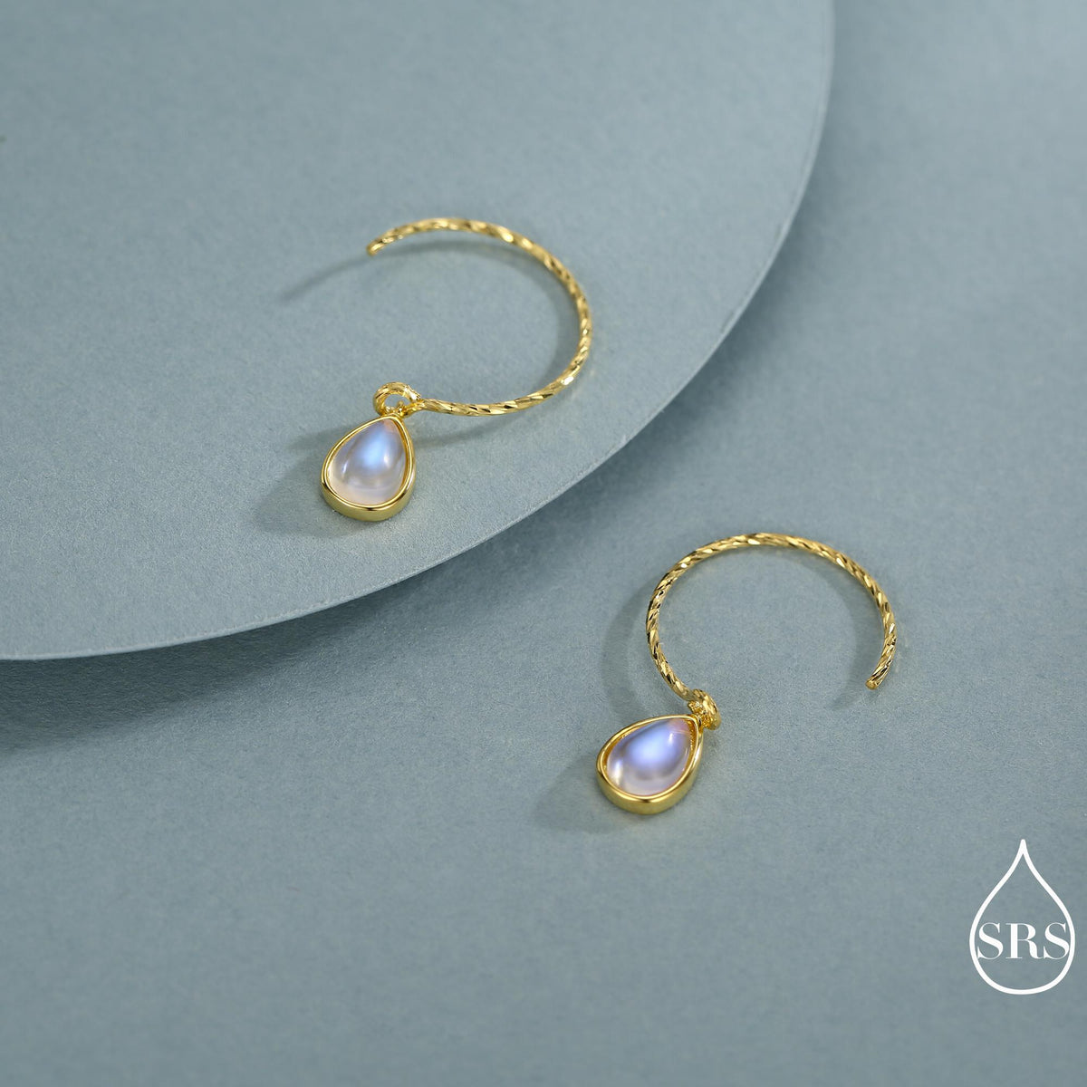Mermaid Crystal Drop Hook Earrings in Sterling Silver, Droplet Pear Cut Aurora Glass Crystal, Simulated Moonstone Dangle Earrings