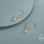 Mermaid Crystal Drop Hook Earrings in Sterling Silver, Droplet Pear Cut Aurora Glass Crystal, Simulated Moonstone Dangle Earrings