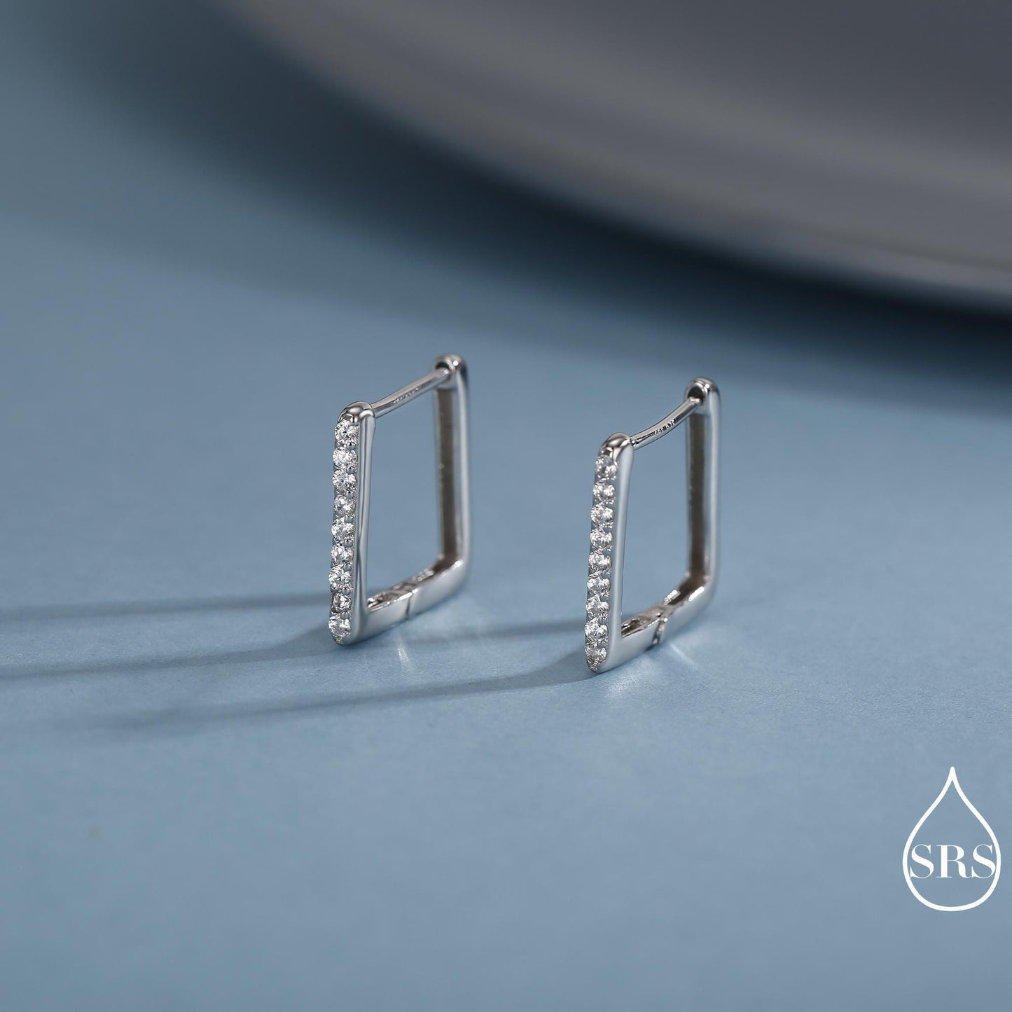 CZ Pave Square Huggie Hoop in Sterling Silver, Skinny Geometric Hoop Earrings, Gold or Silver, 11mm Minimalist Hoops