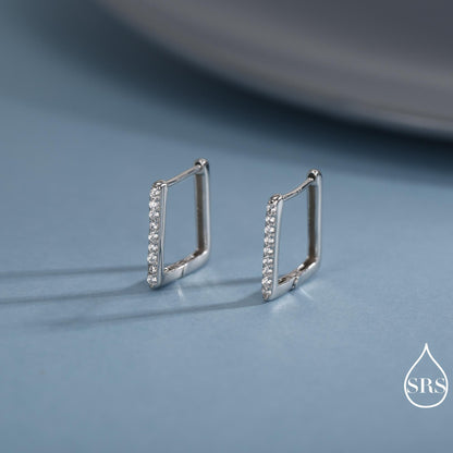CZ Pave Square Huggie Hoop in Sterling Silver, Skinny Geometric Hoop Earrings, Gold or Silver, 11mm Minimalist Hoops