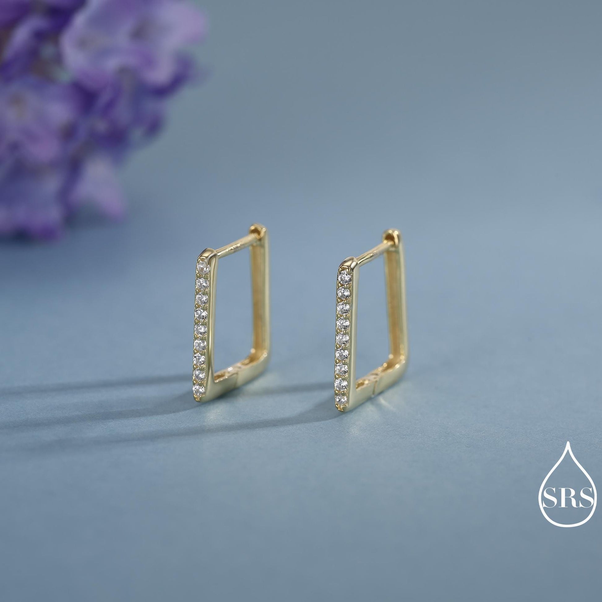 CZ Pave Square Huggie Hoop in Sterling Silver, Skinny Geometric Hoop Earrings, Gold or Silver, 11mm Minimalist Hoops