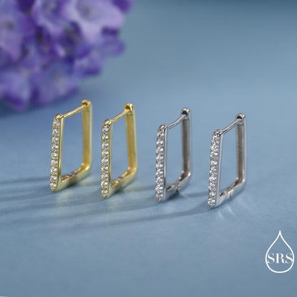 CZ Pave Square Huggie Hoop in Sterling Silver, Skinny Geometric Hoop Earrings, Gold or Silver, 11mm Minimalist Hoops