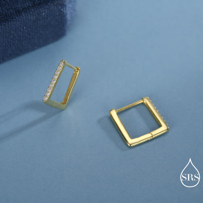 CZ Pave Square Huggie Hoop in Sterling Silver, Skinny Geometric Hoop Earrings, Gold or Silver, 11mm Minimalist Hoops