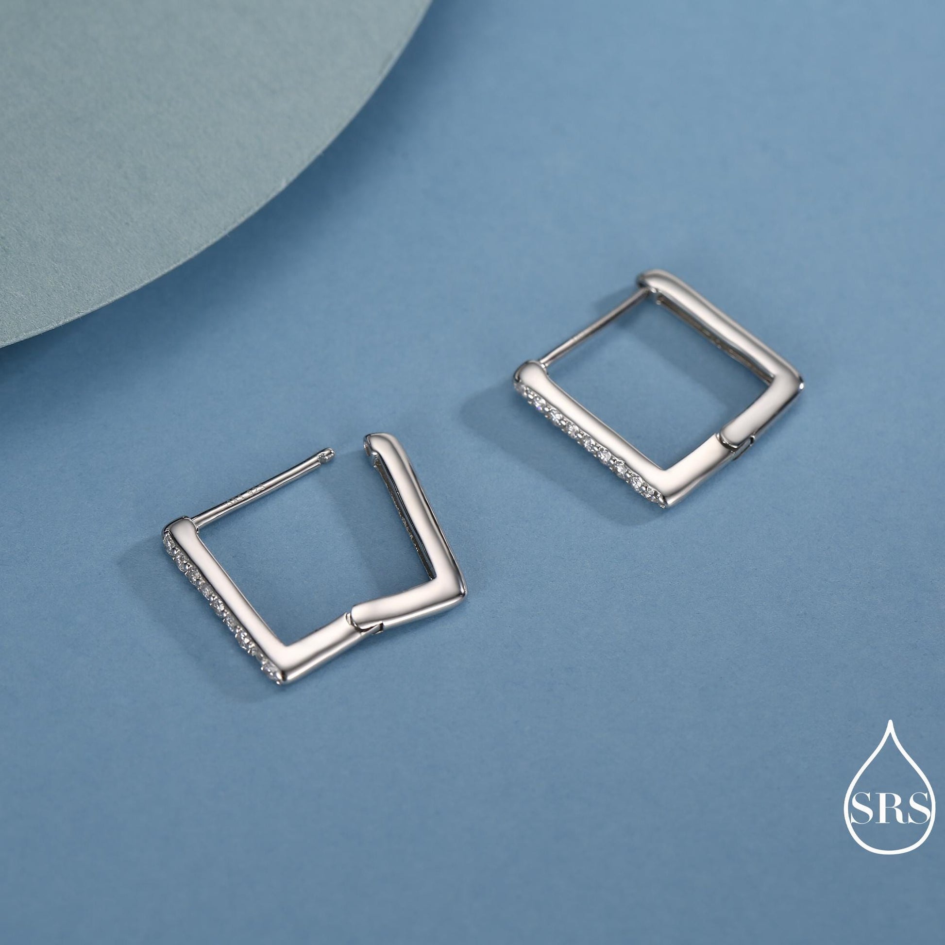 CZ Pave Square Huggie Hoop in Sterling Silver, Skinny Geometric Hoop Earrings, Gold or Silver, 11mm Minimalist Hoops