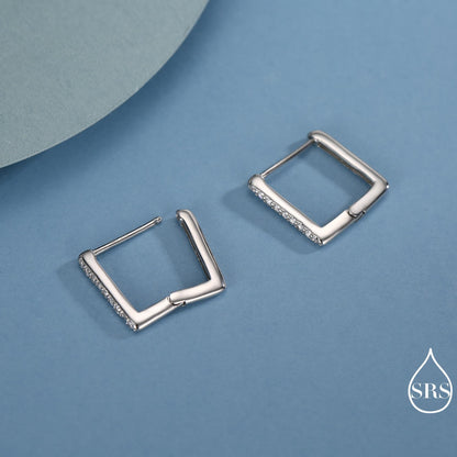 CZ Pave Square Huggie Hoop in Sterling Silver, Skinny Geometric Hoop Earrings, Gold or Silver, 11mm Minimalist Hoops