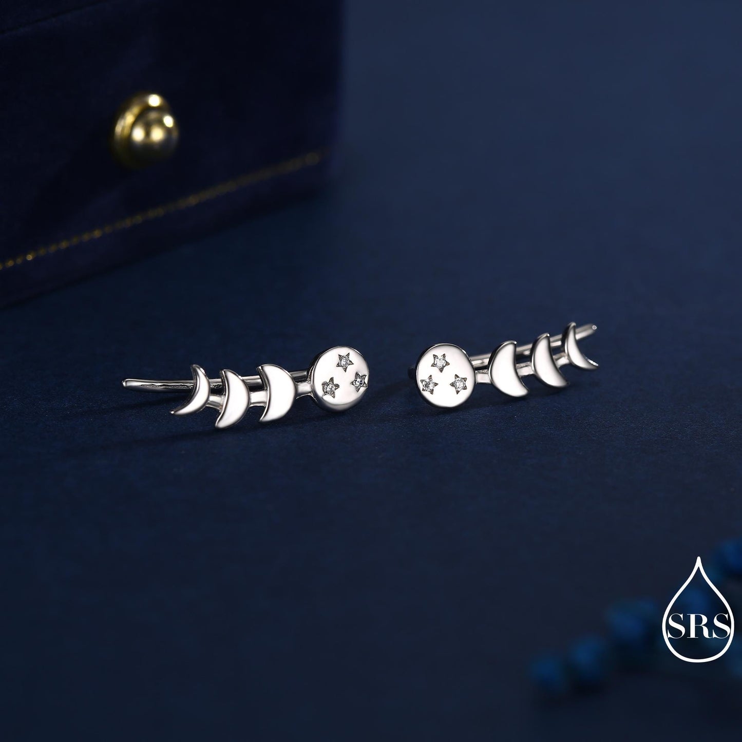 Moon Phase Crawler Earrings in Sterling Silver, Silver or Gold, Moon and Star Earrings, Ear Climbers, Celestial Earrings