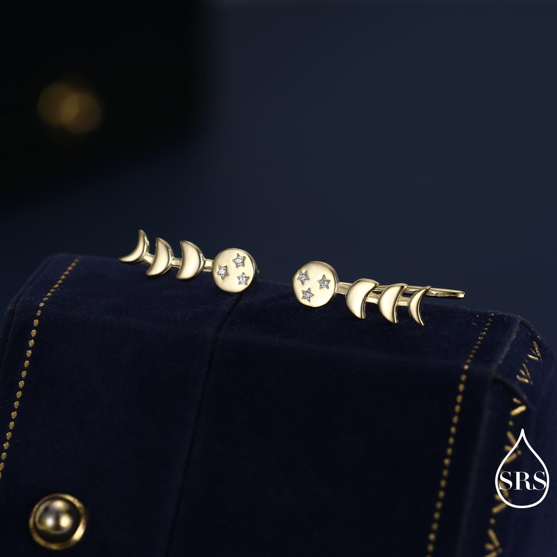 Moon Phase Crawler Earrings in Sterling Silver, Silver or Gold, Moon and Star Earrings, Ear Climbers, Celestial Earrings