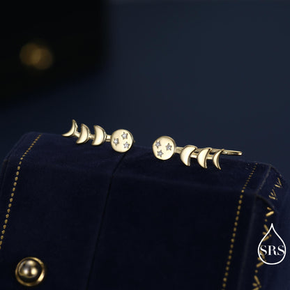 Moon Phase Crawler Earrings in Sterling Silver, Silver or Gold, Moon and Star Earrings, Ear Climbers, Celestial Earrings