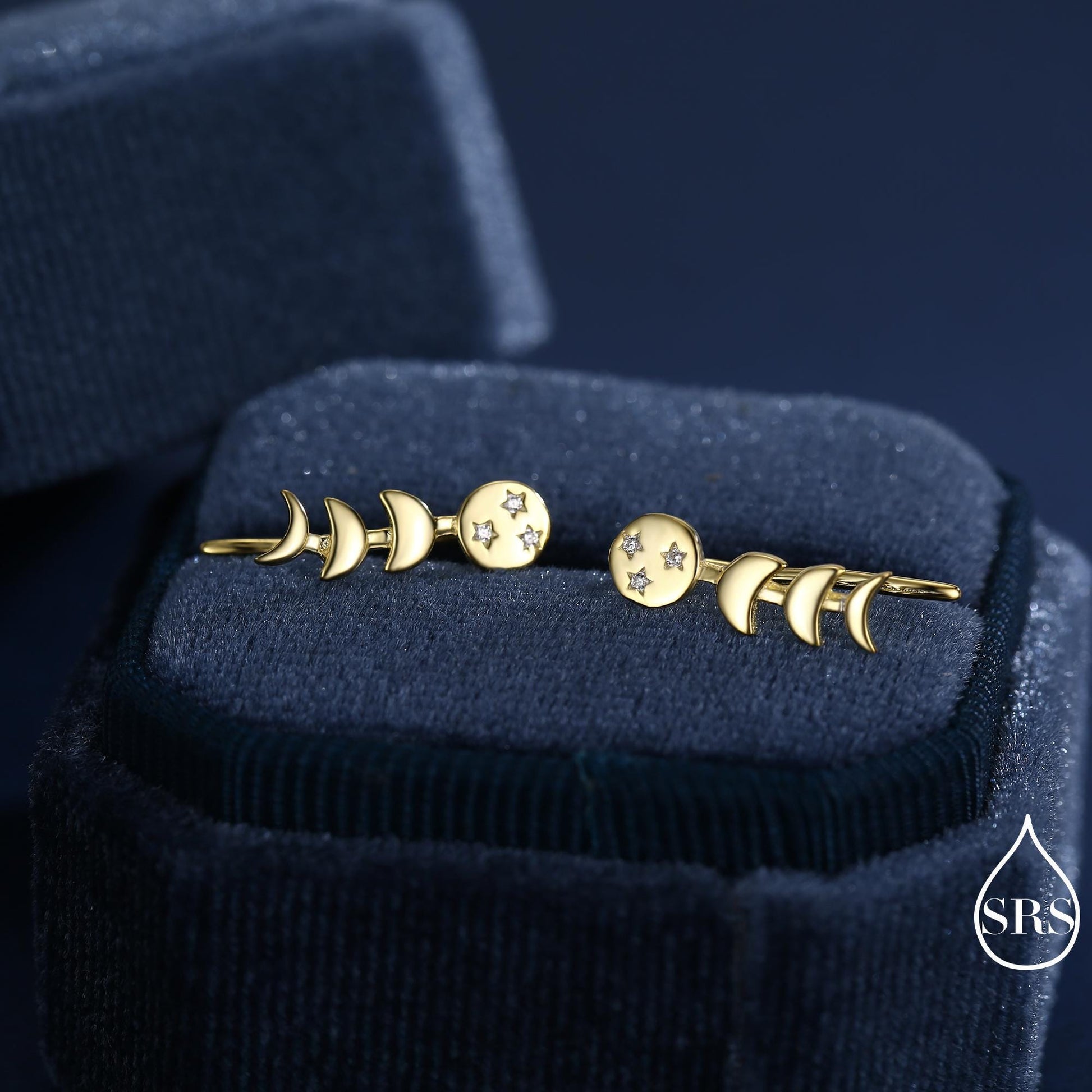 Moon Phase Crawler Earrings in Sterling Silver, Silver or Gold, Moon and Star Earrings, Ear Climbers, Celestial Earrings